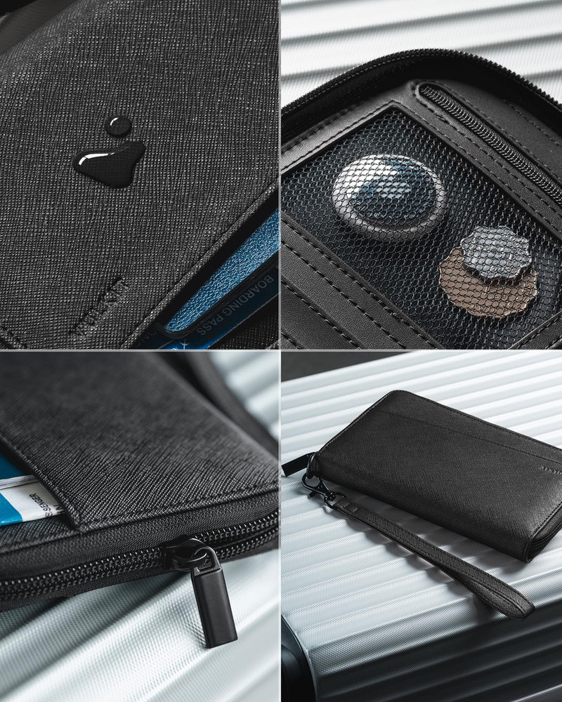 VULKIT Leather Passport Wallet RFID Blocking with Wrist Strap, Travel Document Organizer - 6 Credit Card Slots, 2 Interior + 2 Exterior Passport Slots, 2 ID Windows, Zipper Closure, Black