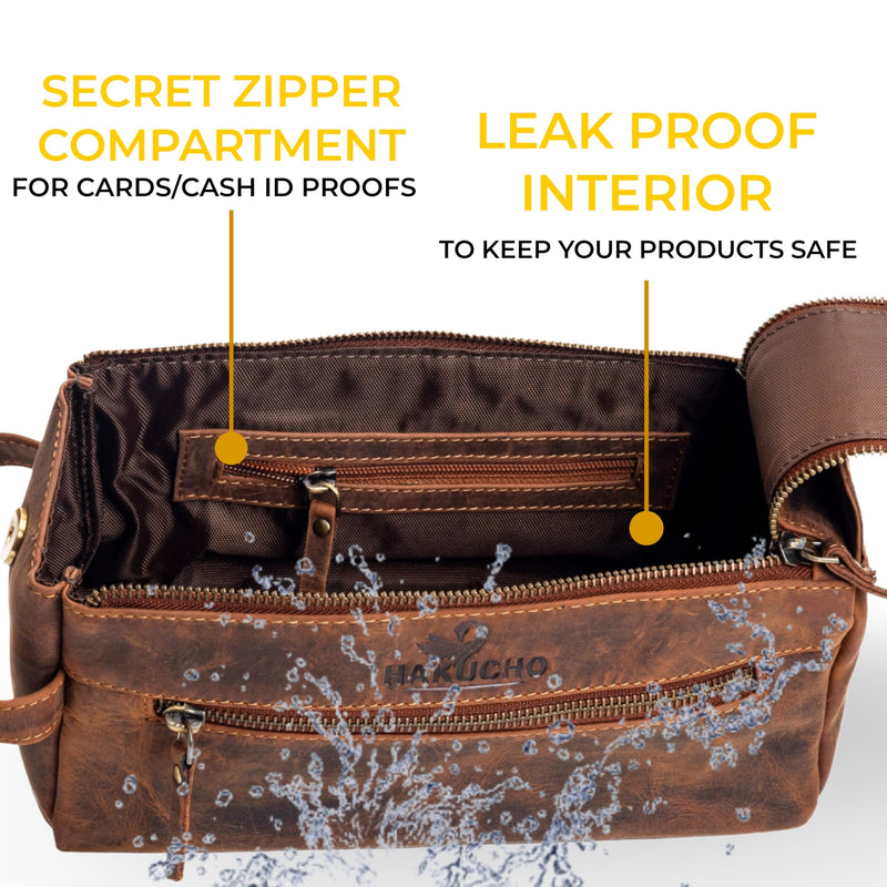 Full Grain Leather Toiletry Bag for Men & Women – Water-Resistant Travel Shaving Kit Organizer with YKK Zipper, Spacious Bathroom Grooming & Cosmetic Storage Case, Dopp kits (Tan Brown) Tan brown 1