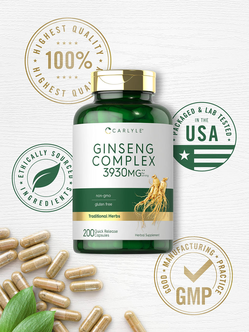 Carlyle Ginseng Complex Capsules | 200 Count | Non-GMO and Gluten Free Extract | Traditional Herbal Root Supplement