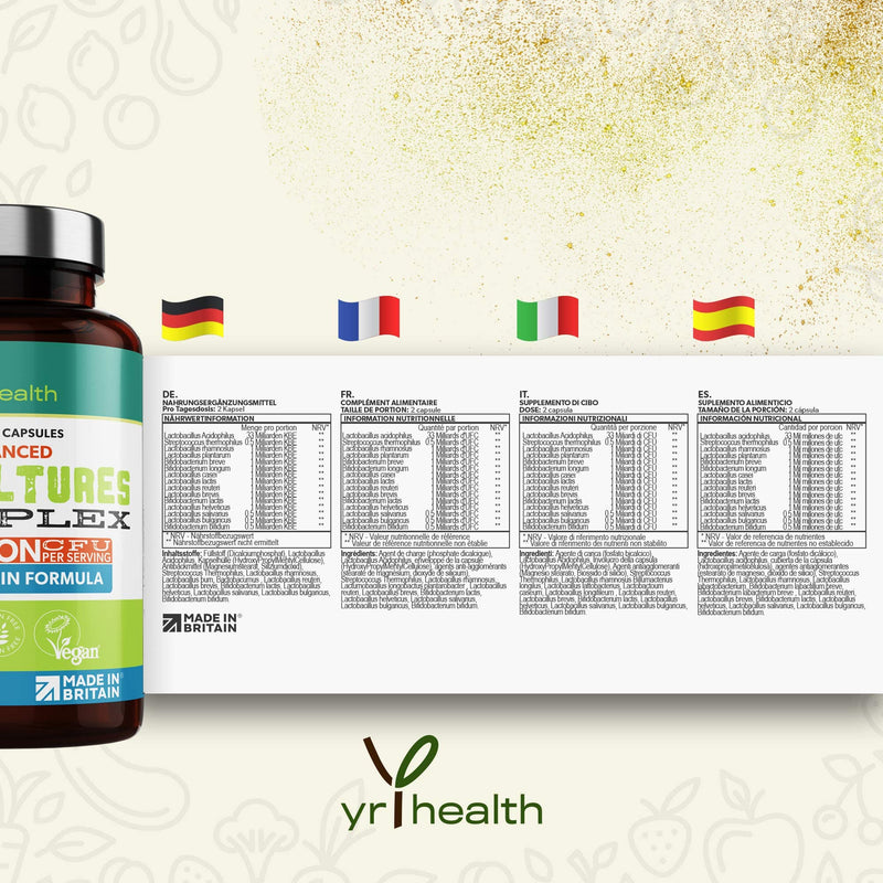 Vegan Bio Cultures Complex - 45 Billion CFU, 15 Active Bacteria Strains - Maximum Strength Multi Strain Complex - Probiotics Women Gut Health and Men, 60 Capsules - Made in The UK by YrHealth