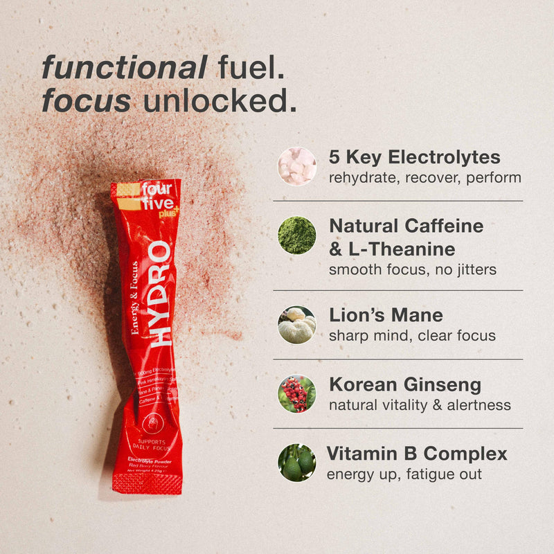 fourfive Hydration Sachets (Energy & Focus) - Hydro Electrolytes Powder with Natural Caffeine & Lion's Mane, Boost Daily Stamina - Red Berry, 30 Sachets 1 count (Pack of 30)