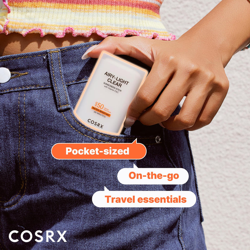 COSRX Airy-Light Clear Sunscreen Stick with Vitamin E&C, SPF 50, 0.67 oz | Korean Suncreen Stick Suncare Sunblock, Lightweight, No White Cast, Water resistant, Oil Control Matte Sunscreen for Face Vitamin E&C Sunscreen Stick (1 Pack)