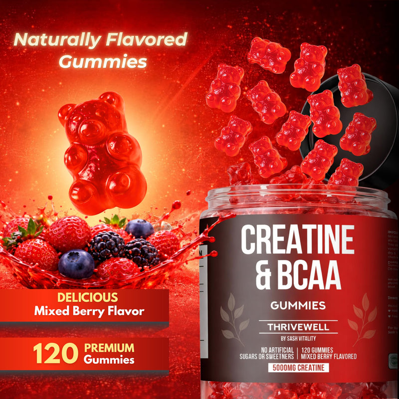 Creatine Monohydrate Gummies 5000mg with 1000mg BCAAs | 45 Days Supply | Naturally Sweetened | No Artifical Sugars | Premium Vegan Gummies | Mixed Berry Flavour | 120 Gummies 1 count (Pack of 120)