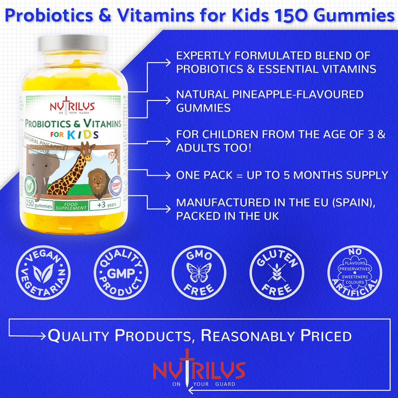 Probiotics & Vitamins for Kids and Adults Natural Pineapple Gummies - Large Pack - Active Blend - Vitamin B3, B5, B6, C (150 Gummies) 150 count (Pack of 1)