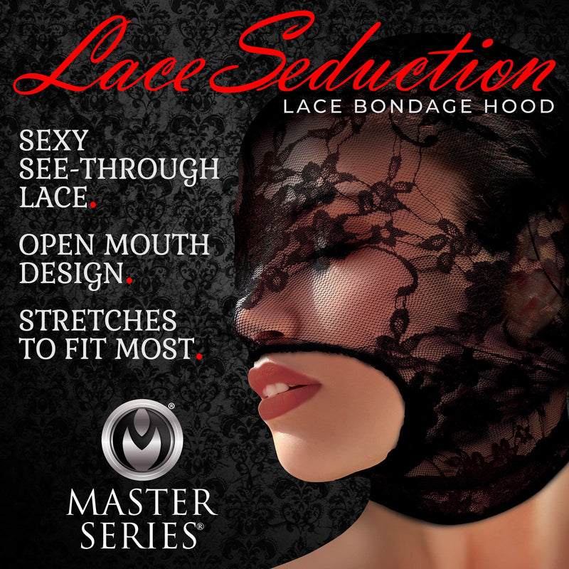 [Australia] - Master Series Lace Seduction Bondage Hood. BDSM Mask and Sexy Fetish Fantasy Costume for Women, Men & Adult Couples. Machine Washable, Polyester, Black, One Size Fits Most 