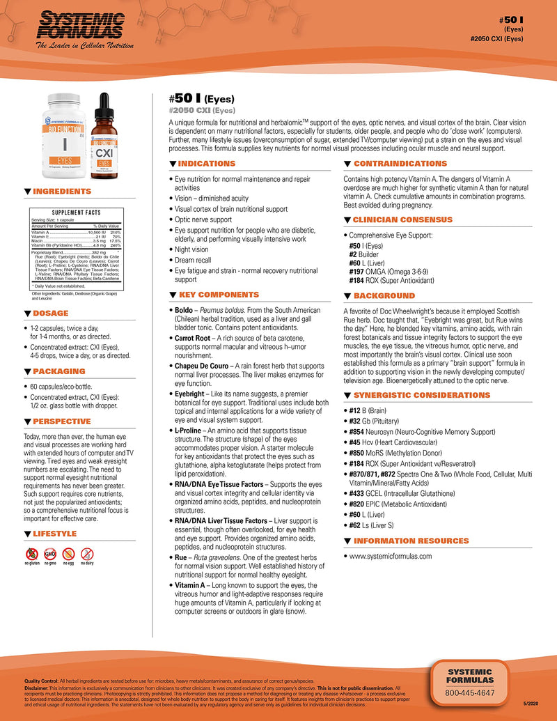 Systemic Formulas Bio Function I - Eyes 60 Capsules #50. Healthy Vision Supplement, Eye Health Support Eye Care Vitamins for Eyes Eye Supplements for Adults
