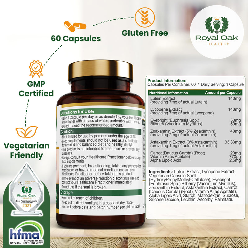 Eyebright Plus Complex with Lutein, Zeaxanthin, Astaxanthin, Bilberry, Eyebright, Lycopene & Vitamin A | 60 Capsules | High Strength Vision Support | UK Made
