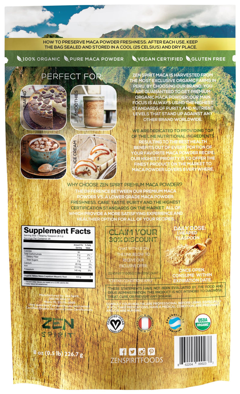 [Australia] - Zen Spirit Maca Root Powder Organic - Peruvian Root Premium Grade Superfood (Raw) - USDA & Vegan Certified - 1 Bag (8oz) - Perfect for Breakfast, Smoothies, Baking & Ice Cream. Organic Yellow Maca Powder 8 Ounce (Pack of 1) 