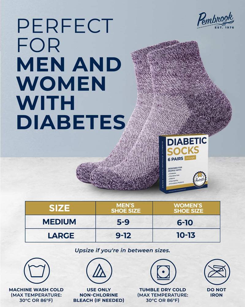 [Australia] - Pembrook Ankle Diabetic Socks for Women & Men | 6 Pairs | Wide Non Binding Socks Quarter Length | Edema Neuropathy Socks Large Bright Colors 1 - 6 Pairs 