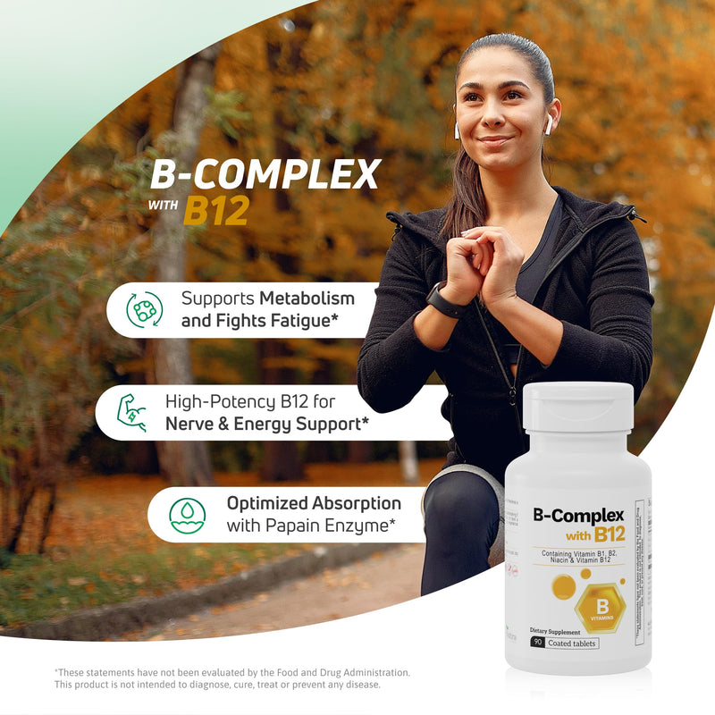 B Complex with B12 Papaya Enzyme Energy Support 90 Count