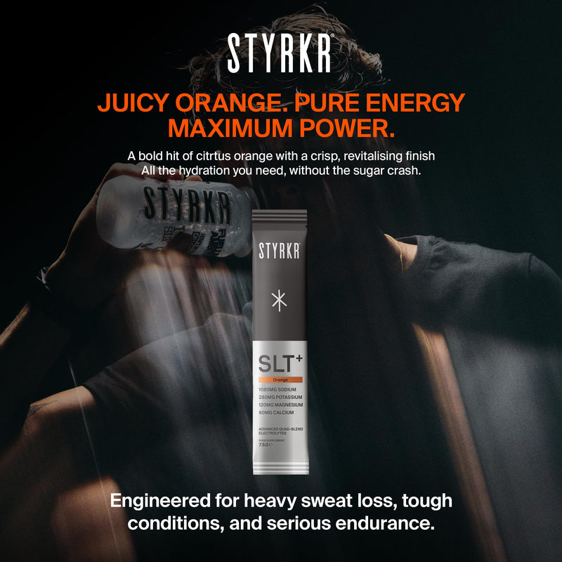 Styrkr SLT+ High Sodium Electrolyte Powder Sachets (30 Servings 1000mg+ Sodium) – Zero Sugar Hydration Drink Mix for Running, Cycling & Endurance – Electrolytes with Magnesium & Potassium (Orange) Orange