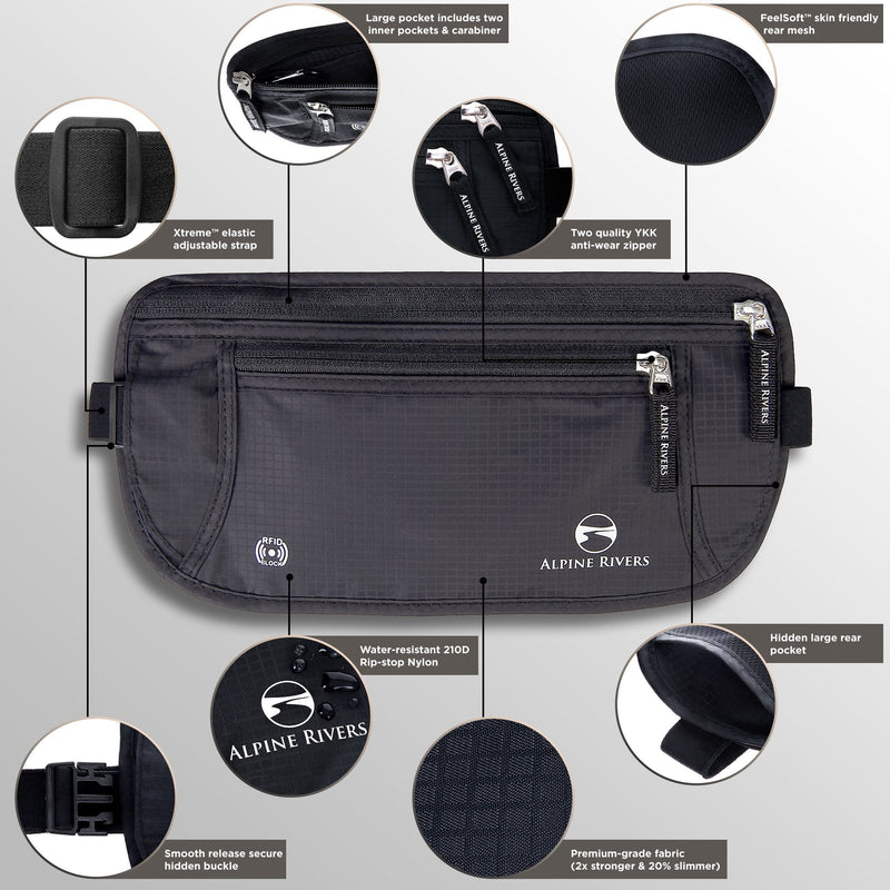 Alpine Rivers Money Belt for Travel - RFID Hidden Wallet, Onyx Black | Triple-layer RFID shielding, hidden passport holder and waist wallet, 7 card sleeves included, fits 26-56 inch waists