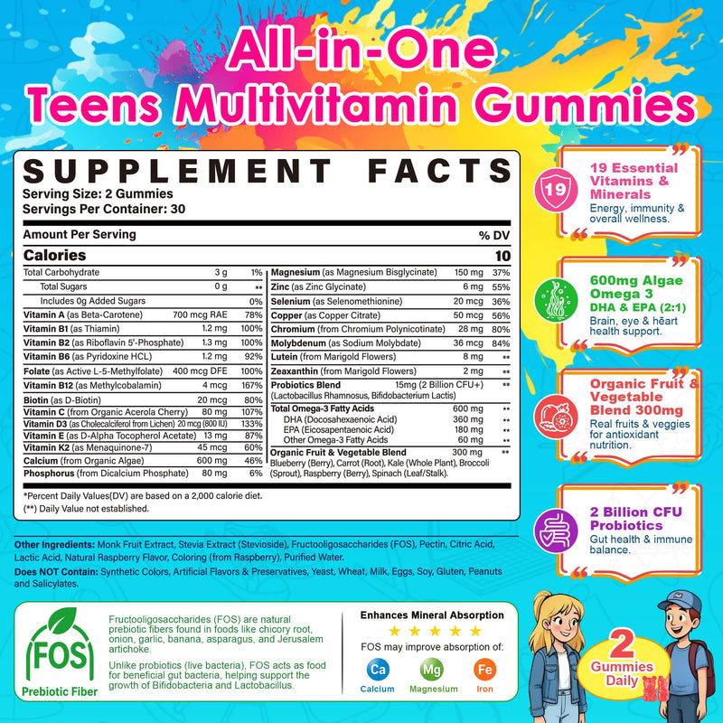 Teen Methylated Multivitamin Gummies + Algae Omega 3, Superfoods, Probiotic | Boys Girls 12-19, Vitamin A C D3 K2 B Complex, Calcium Magnesium Zinc for Bone, Brain, Immune & Gut Support, No Sugar, 2 Pack