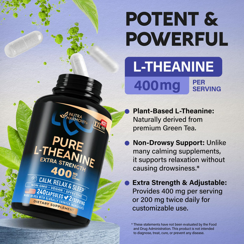 L-Theanine 400 mg - L Theanine for Stress Relief - Plant Based - 240 Caps | Extra Strength L Theanine Supplement for Men & Women - Relaxation, Sleep & Calm Support - Lab Tested, Vegan, Non-GMO 240 Count (Pack of 1)