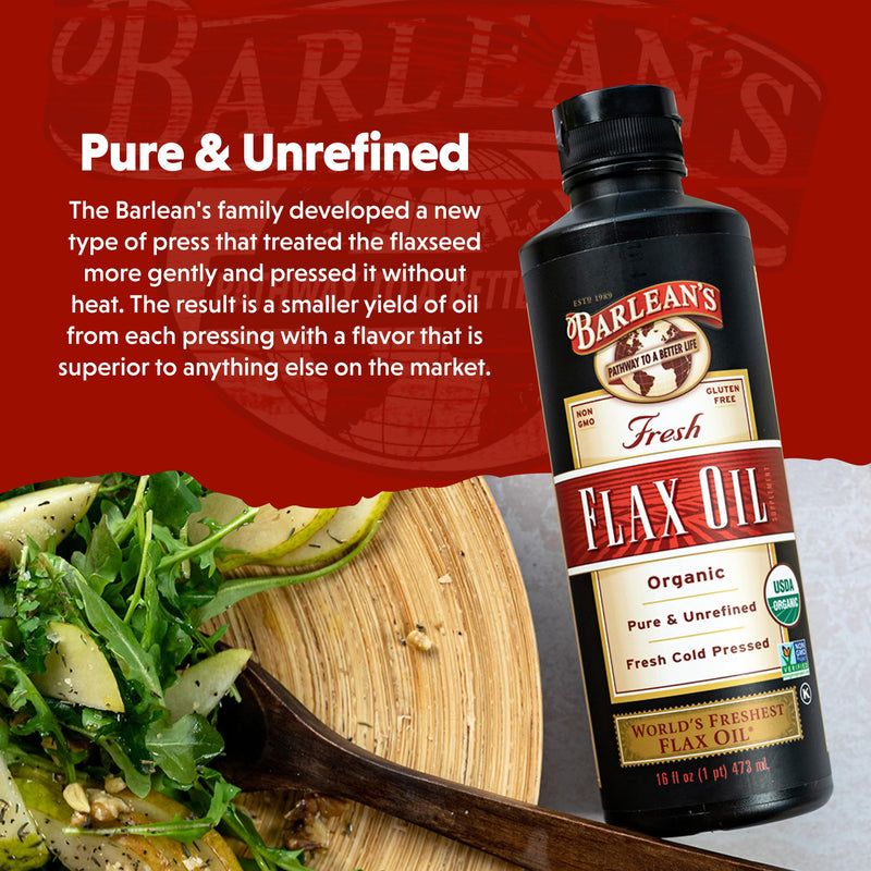 Barlean's Organic Flaxseed Oil, 7640mg ALA Omega-3, Cold-Pressed, 16oz | Fresh cold-pressed flax seeds, ALA omega 3-6-9, Vegan, Non-GMO, Gluten-free, Unrefined, Supports heart, skin & hair 16 Fl Oz (Pack of 1)