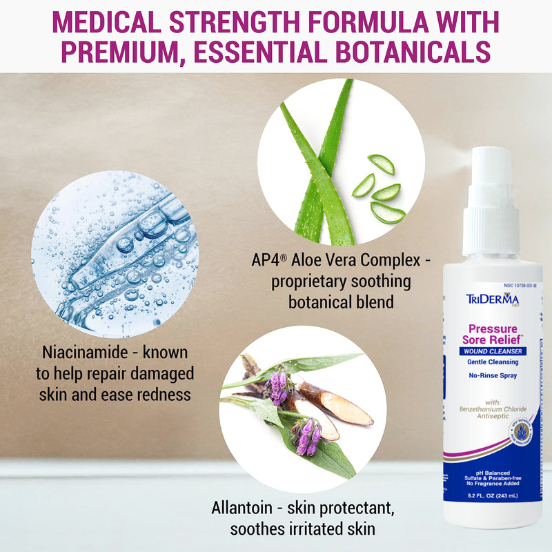 [Australia] - TriDerma Pressure Sore Relief Wound Cleanser, Gentle Cleansing for Bed Sores, Ulcers, Pressure Sores, Wounds and Hard-to-Heal Skin Sores with AP4 Aloe Vera and Niacinamide, Fragrance Free 8.2 oz Spray 8.20 Fl Oz (Pack of 1) Cleanser Spray 