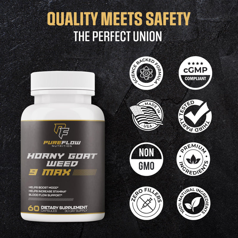 [Australia] - PureFlow 9 in 1 Horny Goat Weed MAX | Fully Dosed Men's Performance Supplement | Pills for Men Fast Acting Blood Flow | 9 Ultra Ingredients for Fast Results/Science Backed - 60 Capsules 