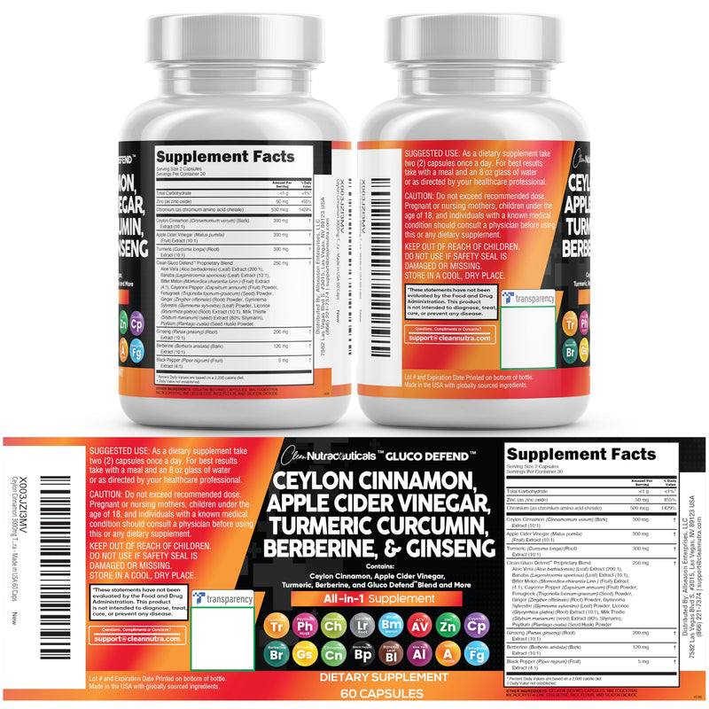 Clean Nutraceuticals Ceylon Cinnamon Capsules + Berberine Turmeric Apple Cider Vinegar Ginseng Bitter Melon (Karela) Gymnema Milk Thistle Fenugreek Supplement Pills Powder for Men & Women 60 Count (Pack of 1)