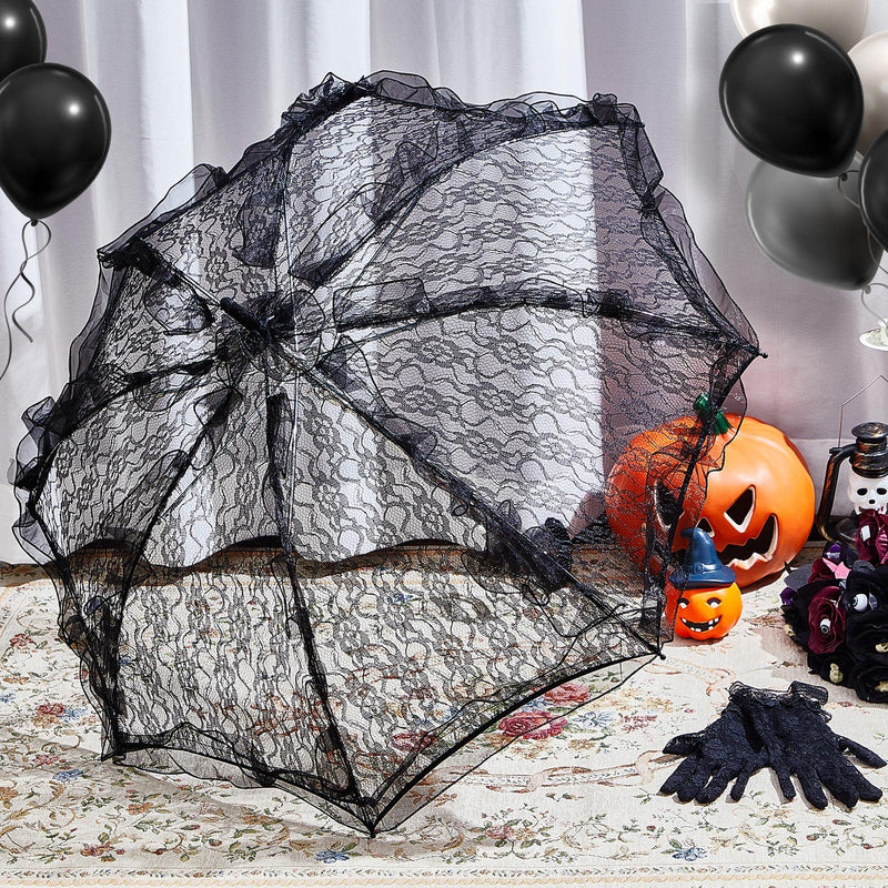 Lace Parasol Umbrella and Lace Gloves Set Wedding Bridal Umbrella for Decoration Tea Party Costume 31.5 Inch Adult Size Black