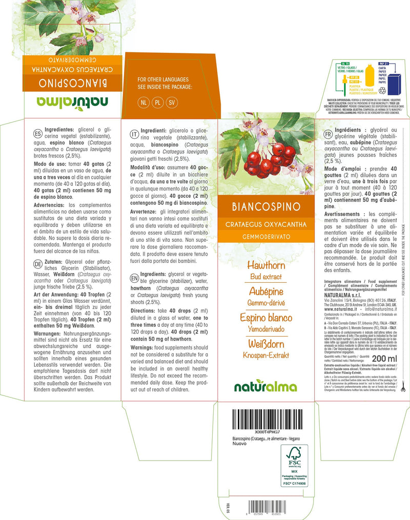Hawthorn (Crataegus oxyacantha or C. laevigata) Alcohol-Free Bud Extract from Fresh Buds Naturalma - Liquid Drops 200 ml - Food Supplement - Vegan 200 ml (Pack of 1)