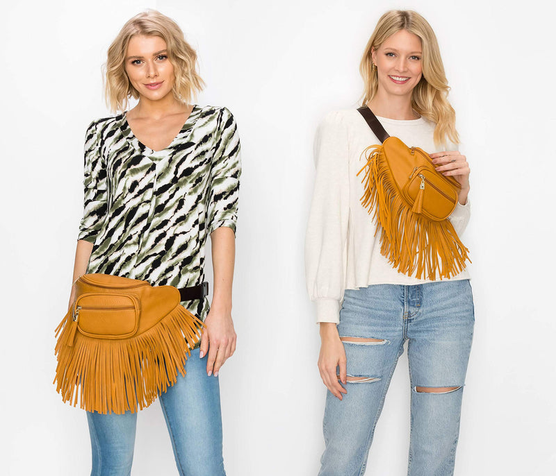 Fringe Waist bag for women with Multi Zipper Pockets Orange