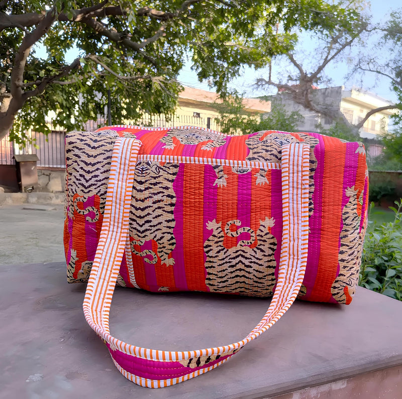INDACORIFY Indian Cotton Tiger Print Quilted Duffle Bag Large Size Beautiful Print Weekender Bags Handmade Shoulder Travel Overnight Bag
