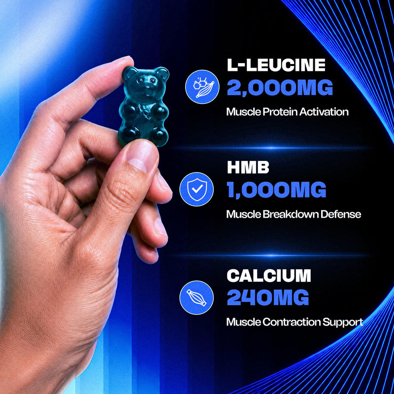 HMB and L-Leucine Gummies – 3000mg Muscle Support for Strength & Recovery | HMB Supplements for Men | Lean Muscle Growth Supplement | Vegan, Sugar Free | Blue Raspberry Flavor | 30 Servings