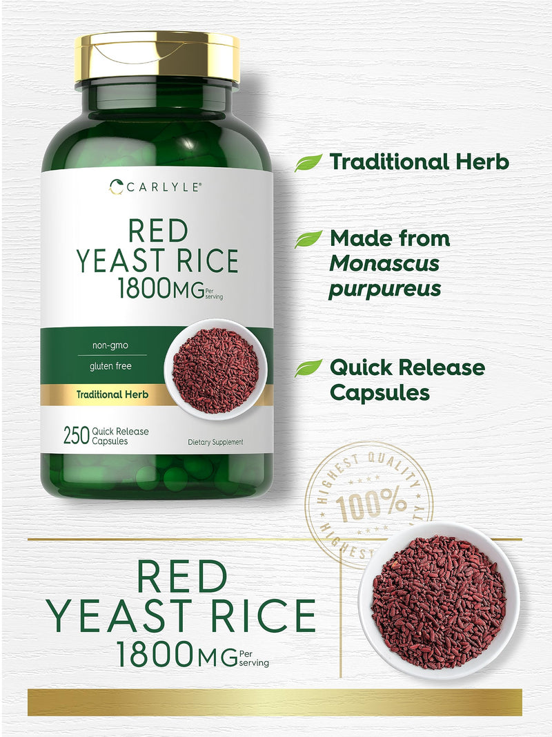 Carlyle Red Yeast Rice | 250 Capsules | Non-GMO, Gluten Free Supplement