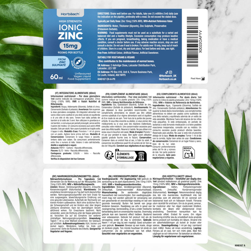 [Australia] - Zinc drops | 15mg premium ionic zinc sulfate per daily dose | Premium Ionic Zinc | Vegan | 60ml | Horbaach 