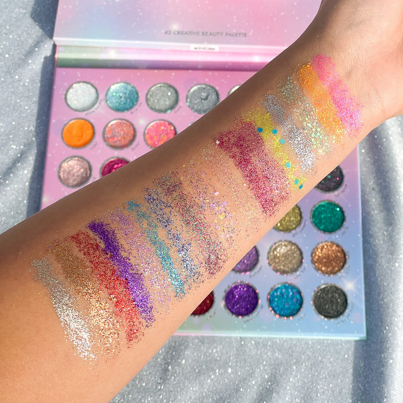 [Australia] - Kara Beauty Mega Glitz Pressed Glitter Palette - 42 Glitter Eyeshadow Shades for Face & Eye Makeup, Fine and Chunky Textures, Makeup Palette, No Glue Needed, Sparkly Makeup Kit for Girls & Kids 