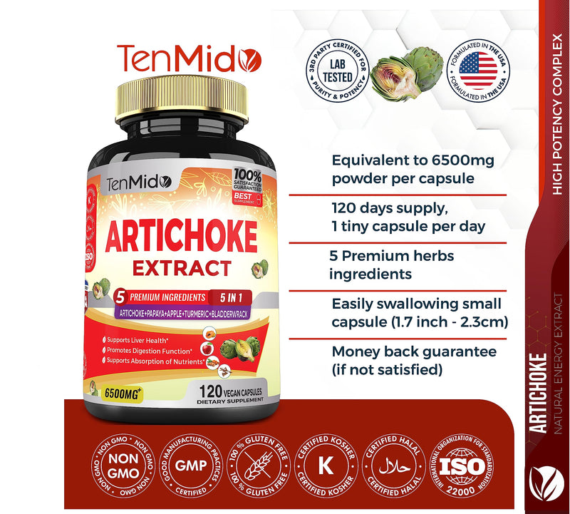 [Australia] - Artichoke Supplement Extract Capsules 6500mg, 4 Months Supply with Papaya, Apple Pectin, Turmeric Curcumin, Bladderwrack - Supports Digestion Function - 120 Vegan Capsules 
