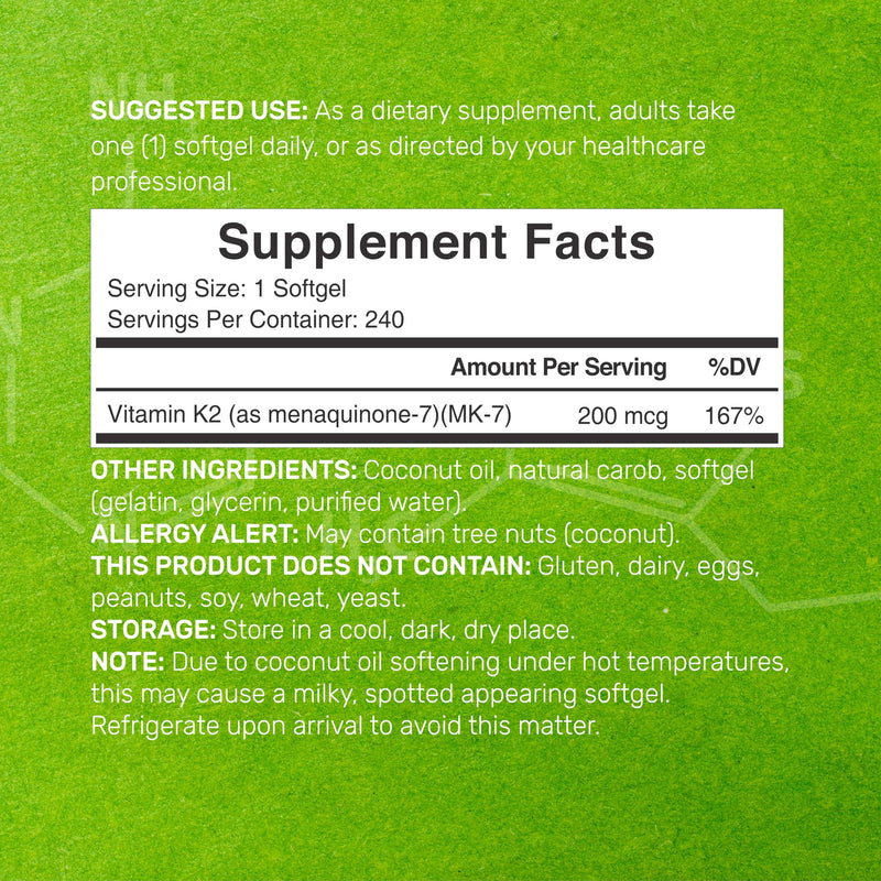 [Australia] - DEAL SUPPLEMENT Vitamin K2 MK-7 200mcg Per Serving, 240 Coconut Oil Softgels | Easily Absorbed Menaquinone-7 Form | Bone, Joint, & Immune Support ‚Äì Non-GMO 