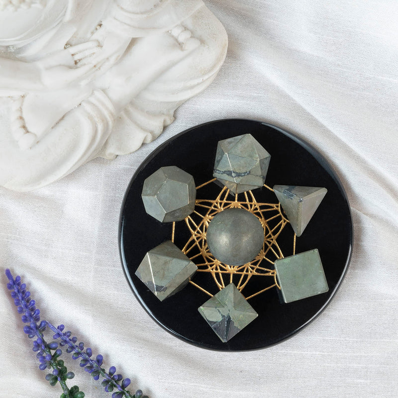 Crocon Golden Pyrite 7 Pcs Crystals Geometry Set Platonic Solids Stone | chakra Sacred Geometric Stones for Meditation Reiki Balancing Healing Chakra Stone Cleansing Spiritual Good Luck (15-20 mm) Set of 7