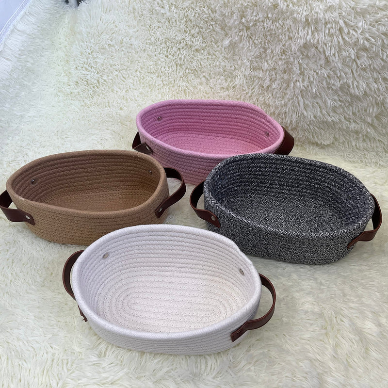 [Australia] - ABenkle Small Woven Basket, Mini Cotton Rope Storage Basket, Tiny White Easter Basket, Shelf Basket, Oval Decorative Toy Dog Cat Basket for Nursery, Kids Room, Empty Gift Basket, 9.4" x 5.9" x 3.9" XS 