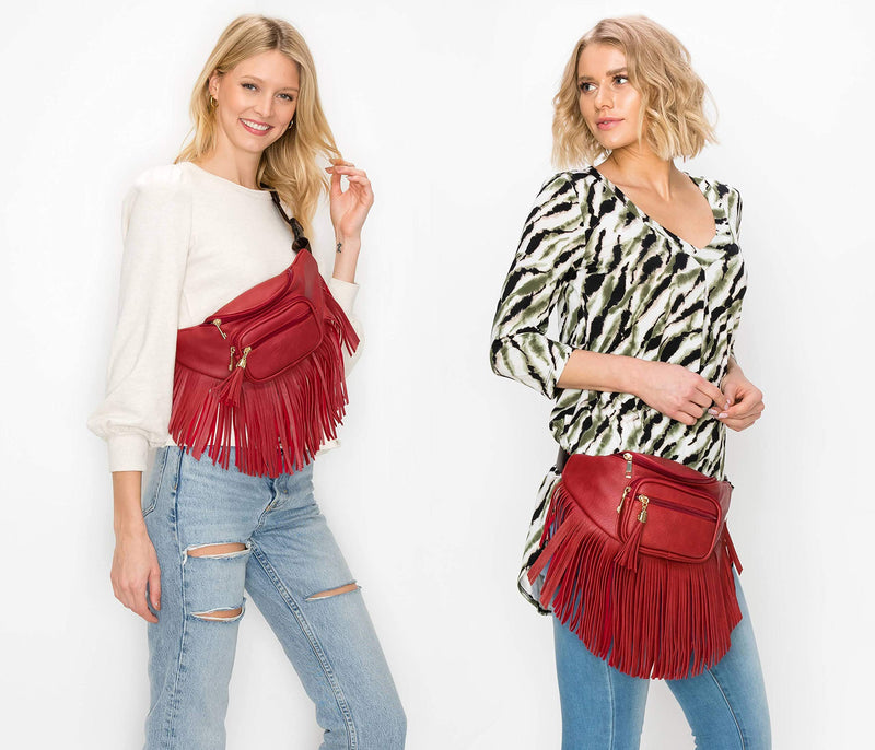 Fringe Waist bag for women with Multi Zipper Pockets Orange