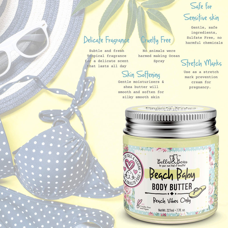 [Australia] - Bella and Bear Beach Baby Body Butter - Moisturizing Shea Cream for Women - Vegan, Cruelty& Oil-Free - Helps Prevents Pregnancy Stretch Marks 6.76-oz 