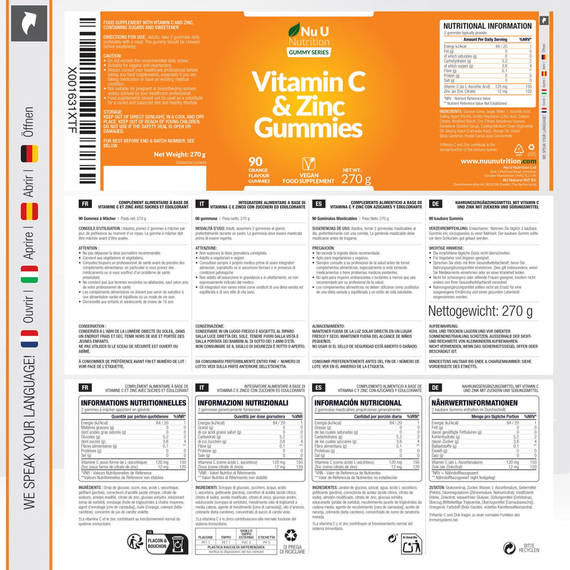 Nu U Nutrition - Vitamin C and Zinc Gummies - 90 Vegan Gummies - 120mg Vitamin C & 12mg Zinc per Serving - Natural Orange Flavour - Made in the UK