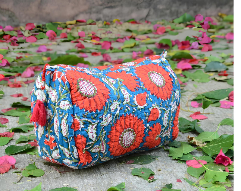 INDACORIFY 100% Cotton Block Print Cosmetic Toiletry Bags Boho Beauty Toiletry Kits Travel Case Pouch for Women's Printed Cotton Tote Bag (Pattern- 3) Pattern- 3