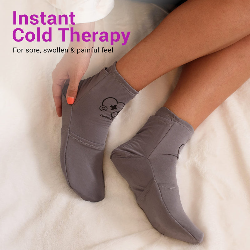 [Australia] - Zomaple Cold Therapy Socks + Gel Packs, Grey, Large – Soothe Burning Feet & Reduce Swelling – Hot/Cold Use, Touch Fasteners & Comes with 2 Large & 2 Small Gel Packs – Versatile Foot Ice Pack Wrap 