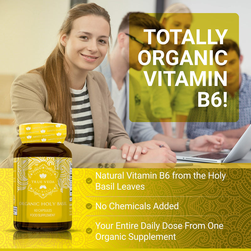 USDA Organic Holy Basil Supplement, 15:1 Tulsi, Vitamin B6, 60 Vegan Caps | USDA Certified Organic Supplements| Tulsi Holy Basil Plant Extract 15:1 |2.5% Ursolic Acid| Vitamin B6 |Ayurveda | True Veda 60 Count (Pack of 1)