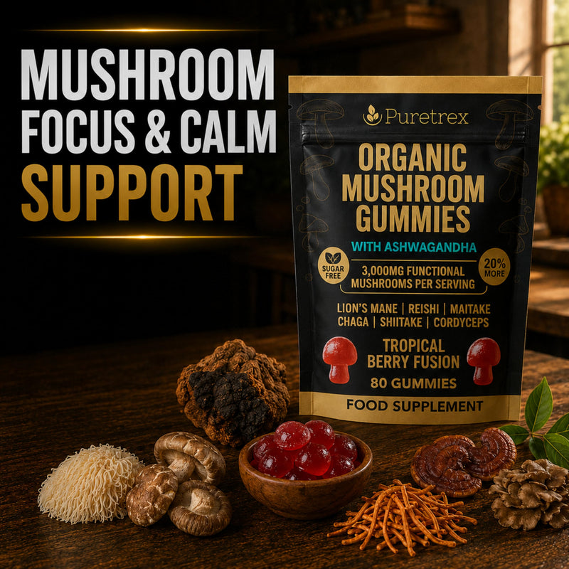 PURETREX Organic Mushroom Gummies 3000mg – Ashwagandha, Lion’s Mane, Reishi & Cordyceps for Brain Focus, Energy, Stress Relief & Immune Support Sugar Free, 80 Count Vegan, Made in UK -Tropical Berry