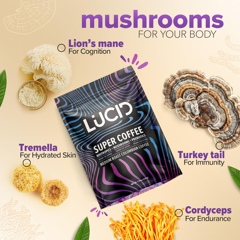 [Australia] - Lucid Superfood Organic Mushroom Coffee with Nootropics - Lion's Mane, Tremella, Cordyceps & Turkey Tail - Instant Mushroom Coffee Focus Brain Health - Alpha GPC, L-Theanine, Ginko Biloba - USA Made 7.94 Ounce (Pack of 1) 