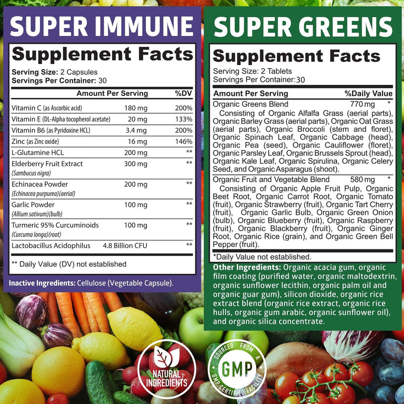 N1N Premium Organic Super Fruits & Veggies + Immune Support [38 Powerful Ingredients], Natural Super Greens Supplement with Alfalfa, Vitamins & Minerals, Zinc, Turmeric and Probiotic, 120 Caps