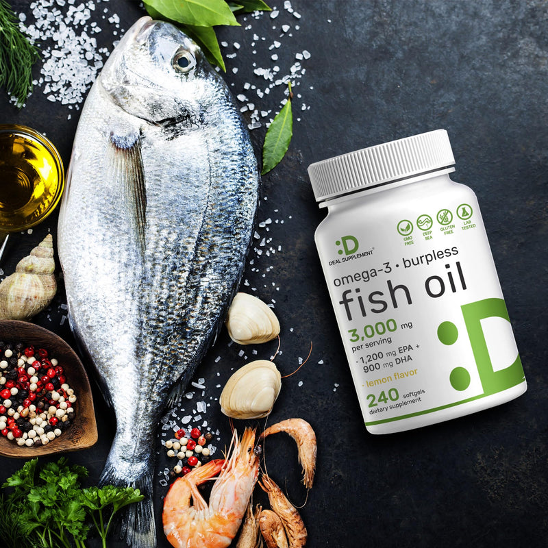 [Australia] - DEAL SUPPLEMENT Omega 3 Fish Oil Supplements, 3,000mg Per Serving, 240 Softgels – EPA 1,200mg + DHA 900mg – Burpless Pills, Lemon Flavored, Wild Caught – Brain & Heart Support – Mercury Free, Non-GMO 