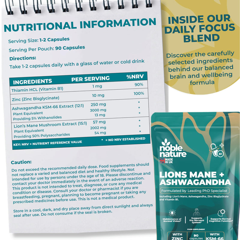 Ashwagandha KSM-66 & Lion’s Mane 7000mg – High Strength 4-in-1 with Zinc & Vitamin B1 – 3000mg Ashwagandha + 4000mg Lion’s Mane – 90 Capsules – UK Made by Noble Nature PhD Formulated