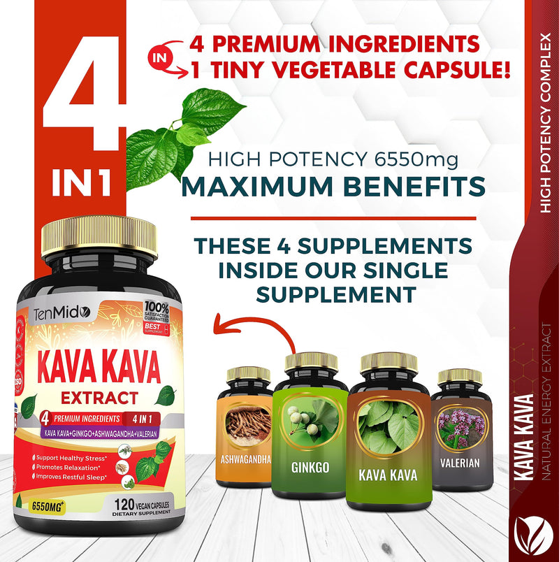 [Australia] - Kava Kava Supplement Extract Capsules 6550mg, 4 Months Supply with Ginkgo, Ashwagandha, Valerian- Relaxation Supports Supplement- 120 Vegan Capsules 
