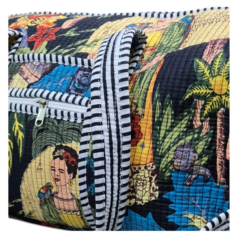 Cotton Quilted Weekender Bag for Women, Large Block Print Duffel Bag with Shoulder Strap, Carry On Overnight Travel Bag for Gym, Beach & Yoga (Midnight Meadow Quilted Duffle) Midnight Meadow Quilted Duffle