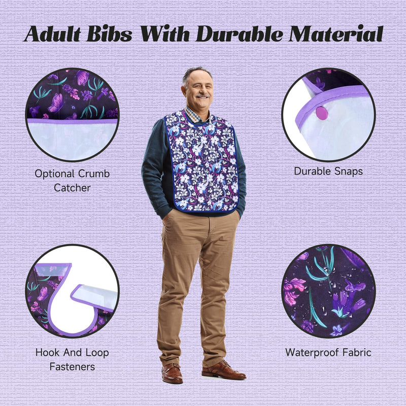[Australia] - Adult Bibs - 3 Pcs Washable Clothing Protector with Crumb Catcher, Reusable Waterproof Large Feeding Adult Bib Flowers 