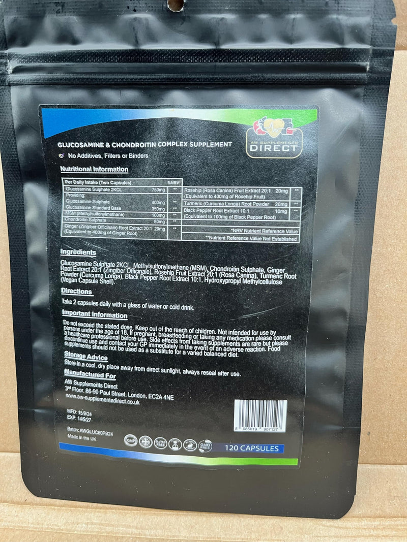 AW Glucosamine and Chondroitin Complex | 120 Glucosamine and Chondroitin High Strength Capsules - 400mg Glucosamine & 350mg Glucosamine per 2 Capsule Serving with Turmeric & Rosehip