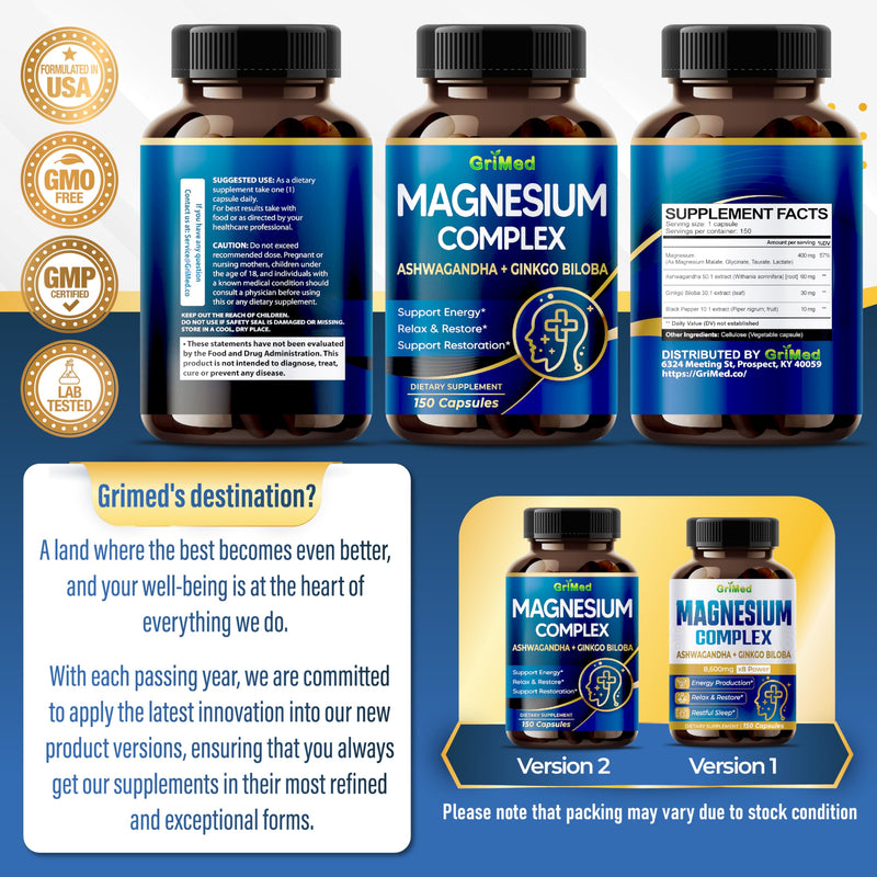 [Australia] - Magnesium Complex 8,600mg - x8 Power with Ashwagandha + Ginkgo Biloba - Relax & Restore, Restful Sleep - USA Made & Tested (150 Count (Pack of 1)) 150 Count (Pack of 1) 